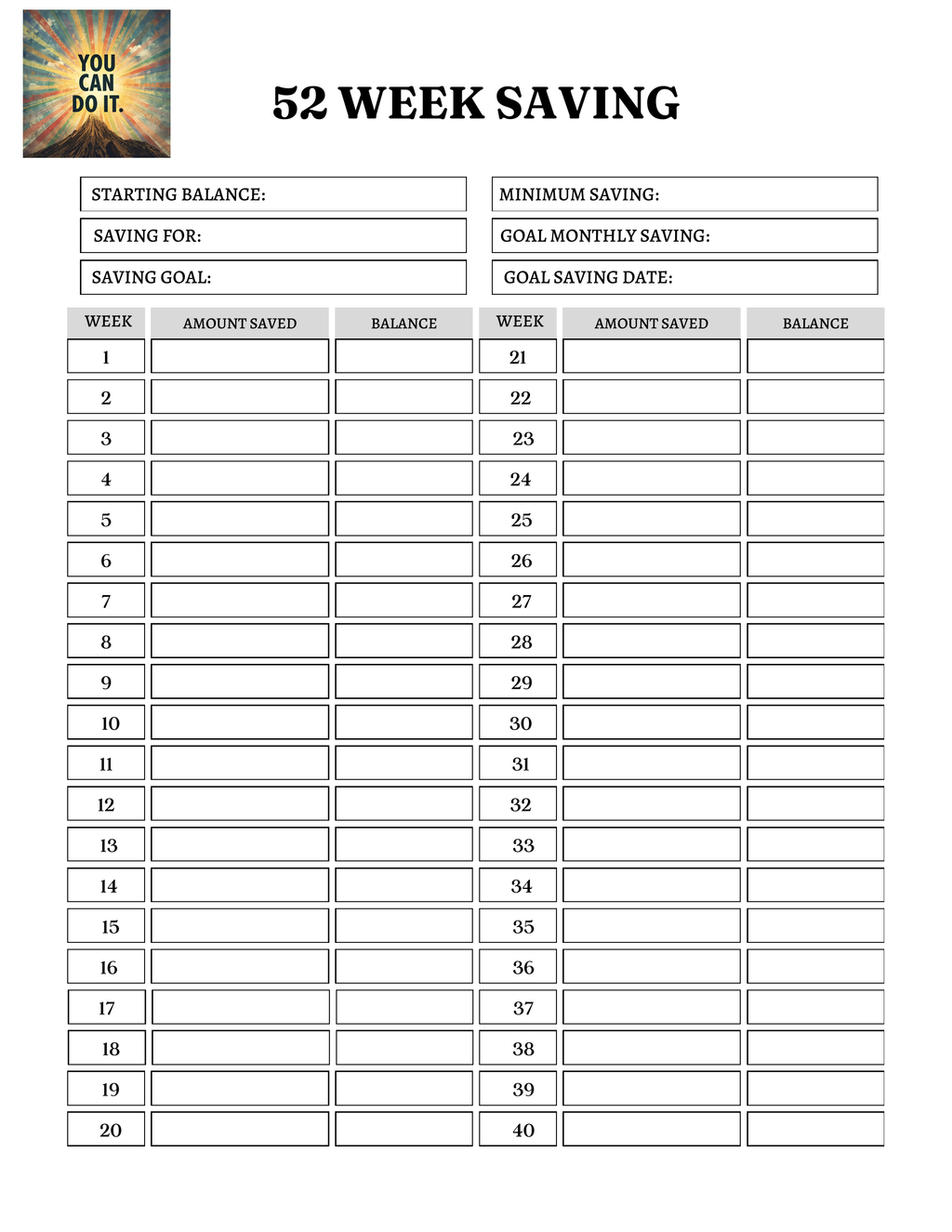 52 Week Savings Tracker (download/printable)