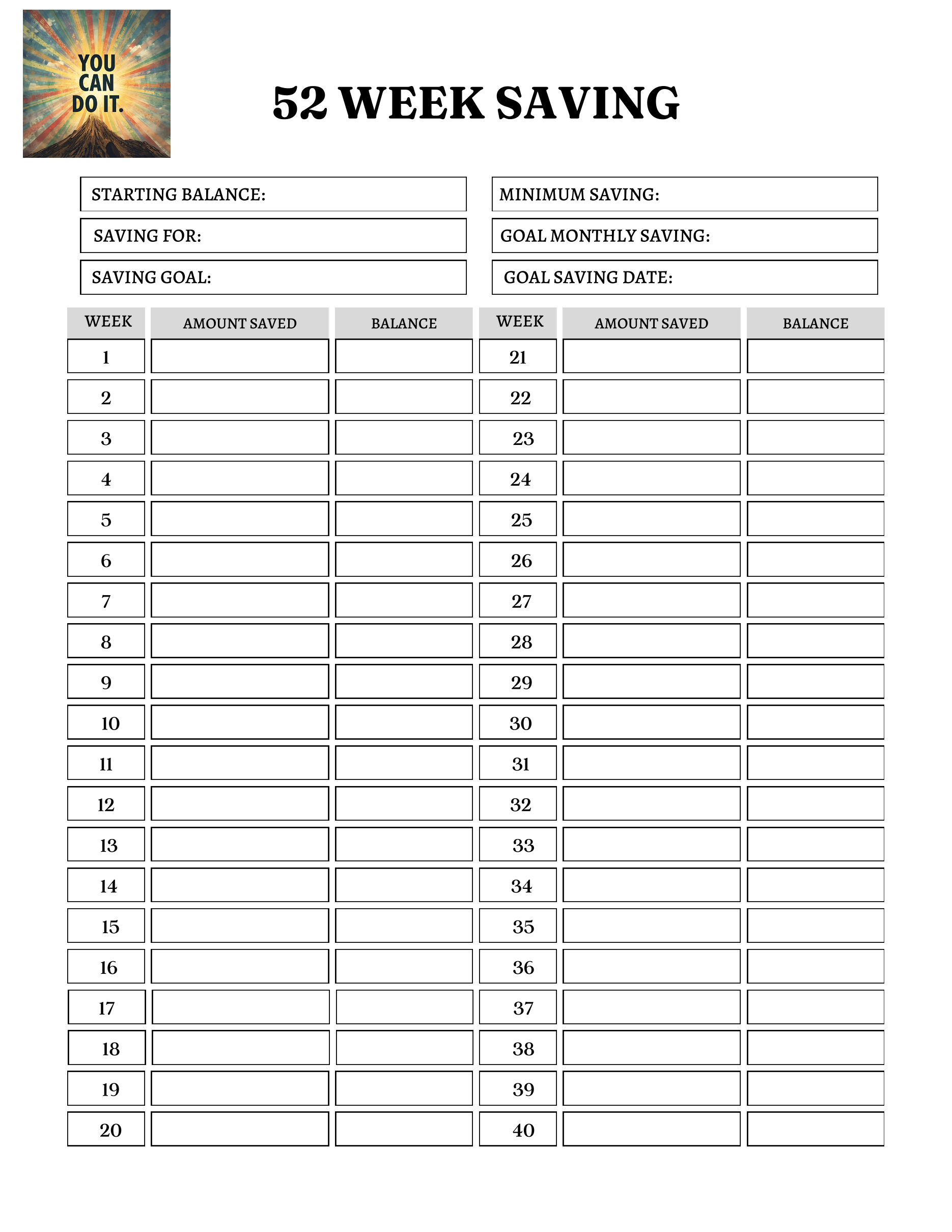 52 Week Savings Tracker (download/printable)