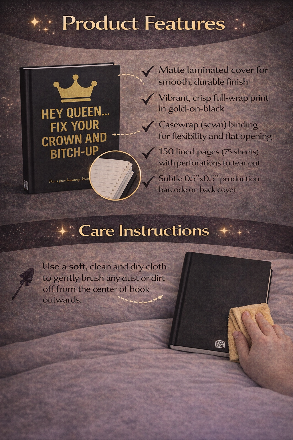 Hey Queen, Fix Your Crown and Bitch-Up Journal Matte Black & Gold Hardcover Empowerment Journal