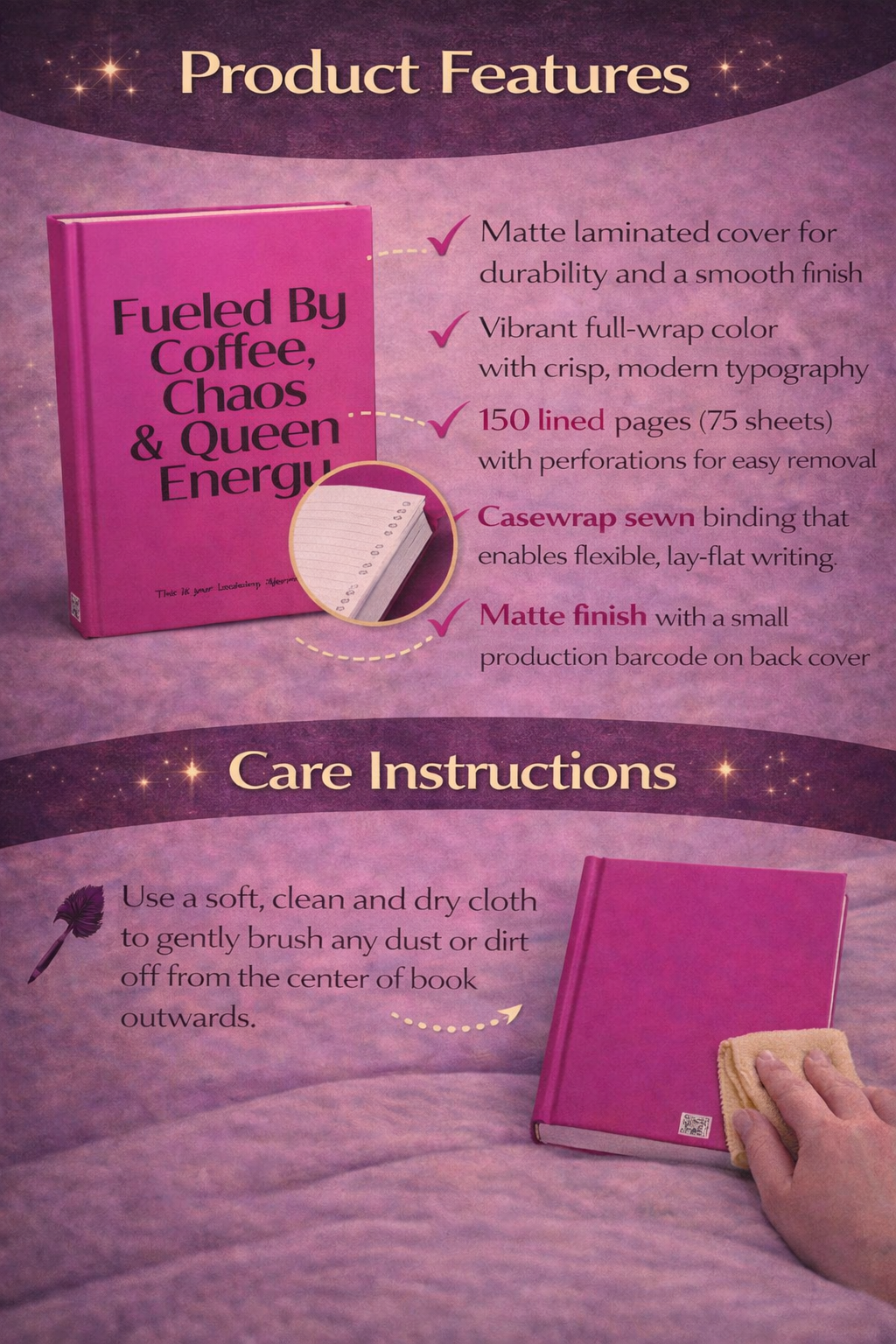 Fueled by Coffee, Chaos & Queen Energy Journal Pink Matte Hardcover Empowerment Journal for Women