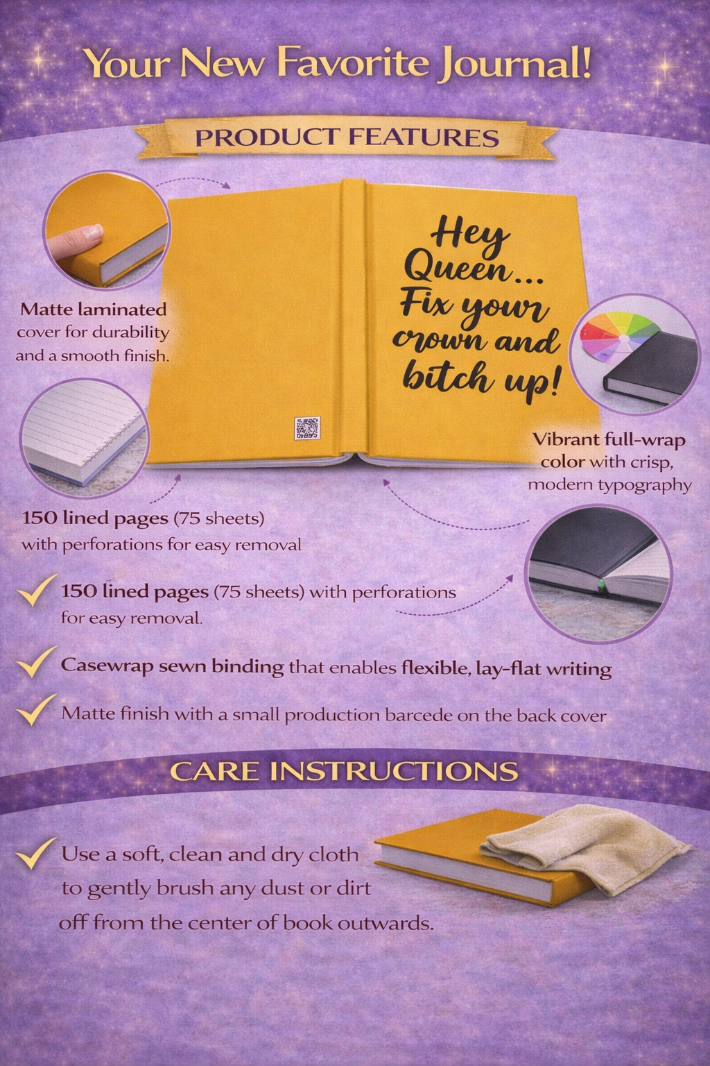 Hey Queen Fix Your Crown Journal Yellow Hardcover Empowerment & Self-Love Journal for Women